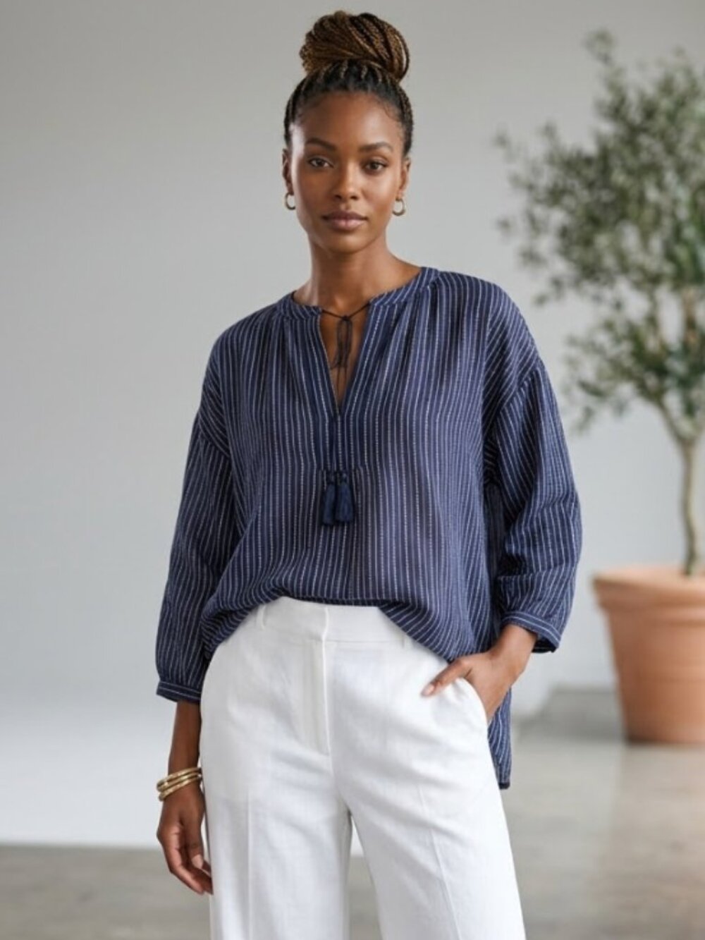 Madewell | 100% Cotton Openview Tunic Navy Striped Oversized Tassel Top | XS